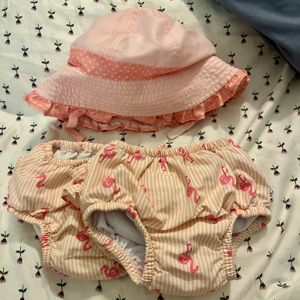 Lot of 2 pink flamingo swim diapers and pink toddler hat